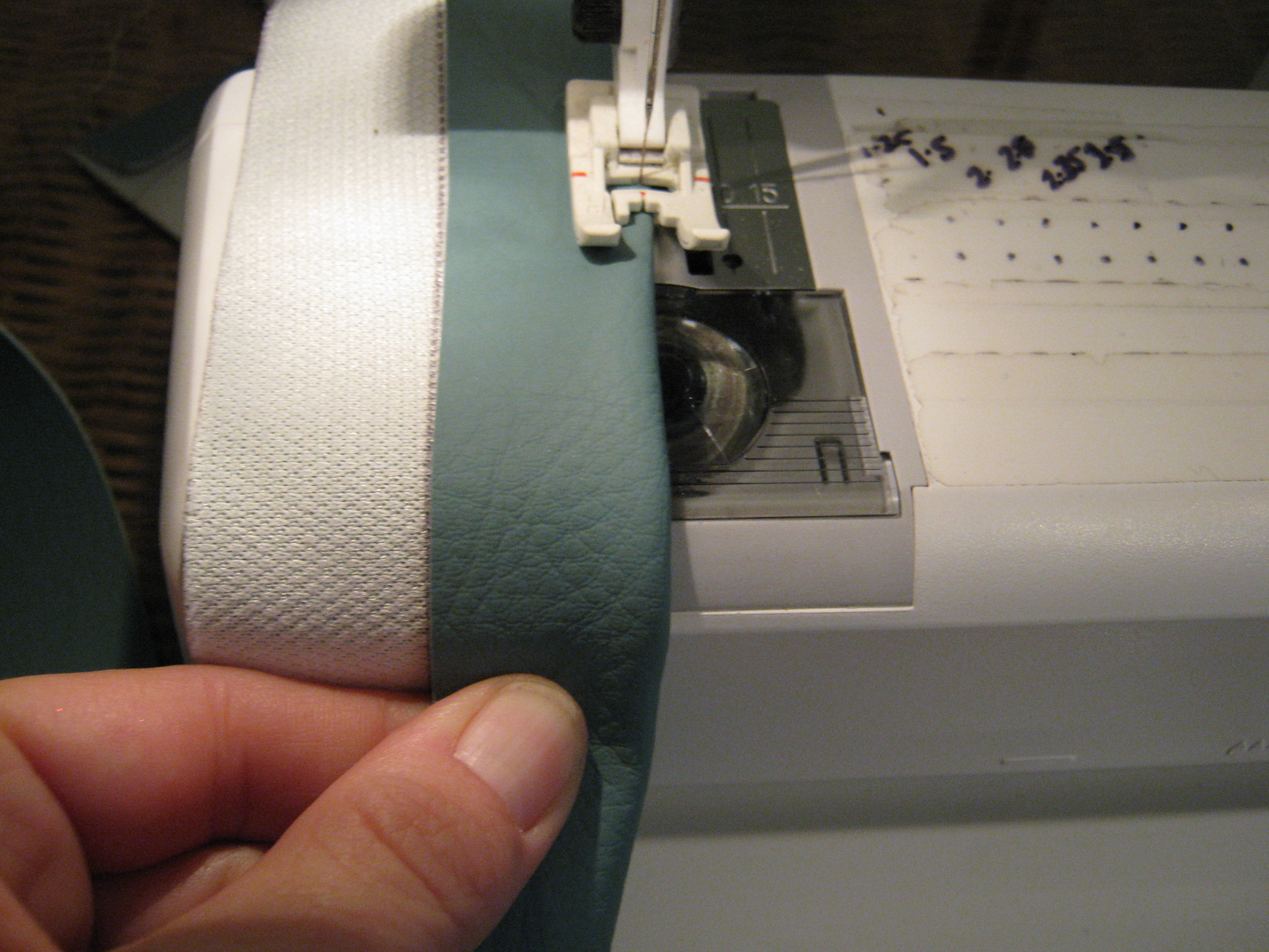 Now you fold the edge of the pleather to the line to start your first line of stitching.  I have decided that the next blog cast will be a full set of instructions to fully sew the pleather strap!!!